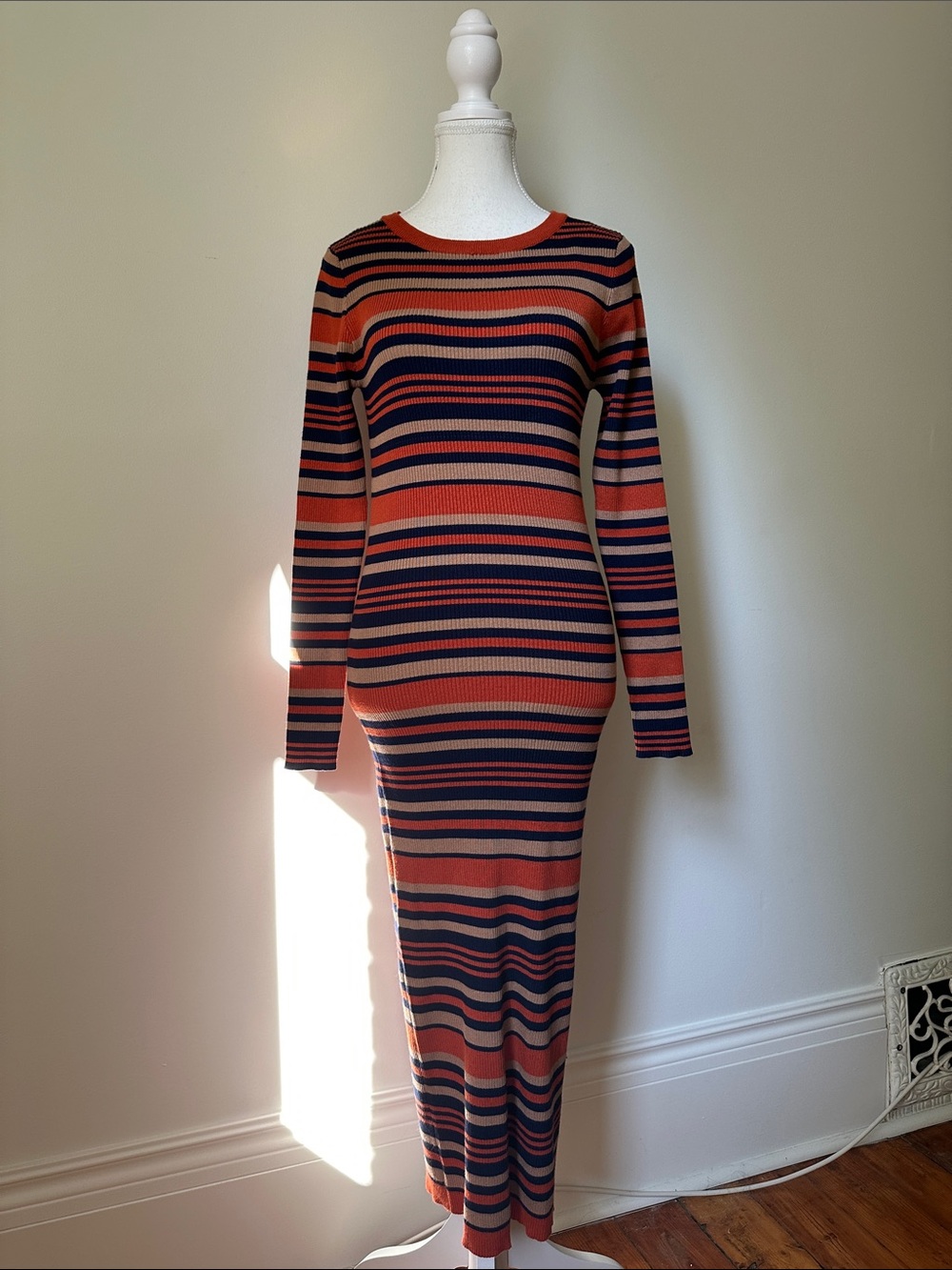 NWT QED LONDON Striped Ribbed Knit Long Sleeve Bodycon Maxi Dress Medium